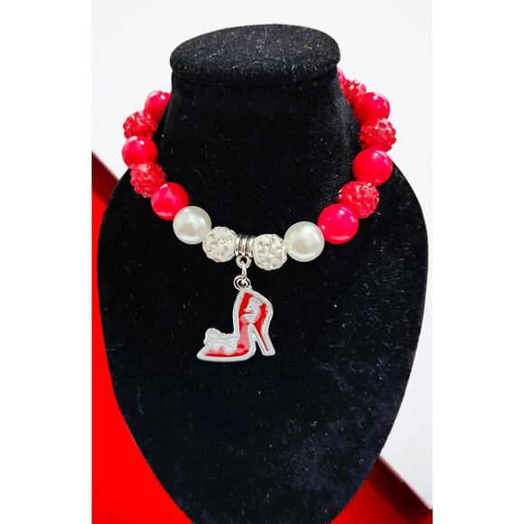 Delta Sigma Theta Bracelet Red and White Pearls, Rhinestone and Pendant - Picture 3 of 4